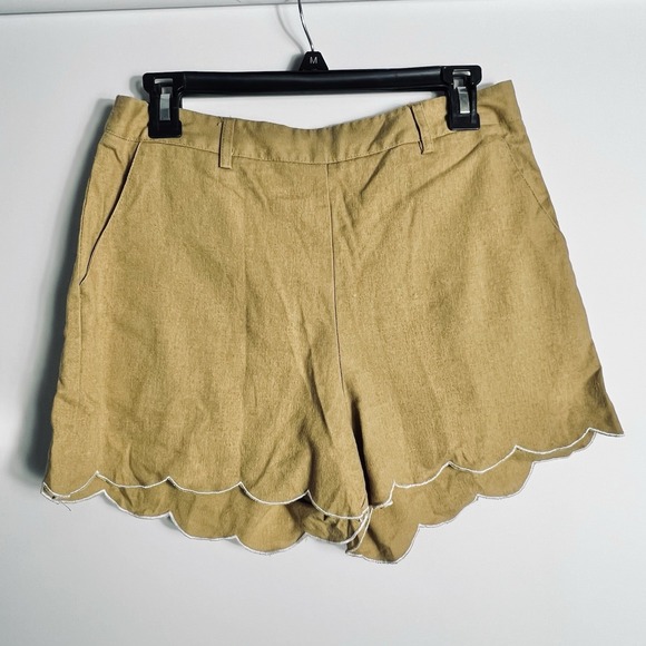 Hem & Thread Pants - Hem & Thread Women's Med Linen Blend Scallop Hem Shorts Tanish‎ Zip Back READ